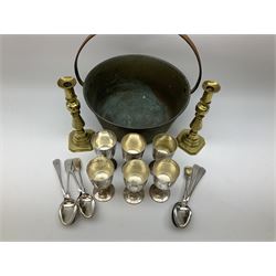 Jam pan, pair brass candlesticks and other metalware