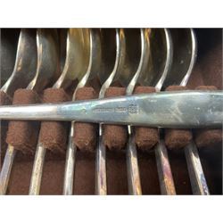 Elkington & Co part canteen of silver plated and stainless steel cutlery, to include simulated ivory handled examples, housed in oak and mahogany case, lock plate stamped 'Acme, British Made', W49cm D31cm H18cm
