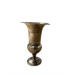 Silver vase with weighted base, hallmarked together with brass candlesticks, oak bowl etc