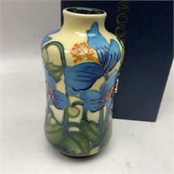 Moorcroft vase, of waisted form, decorated in the Cambrian Blue pattern by Kerry Goodwin, circa 2011, H14cm, with original box 