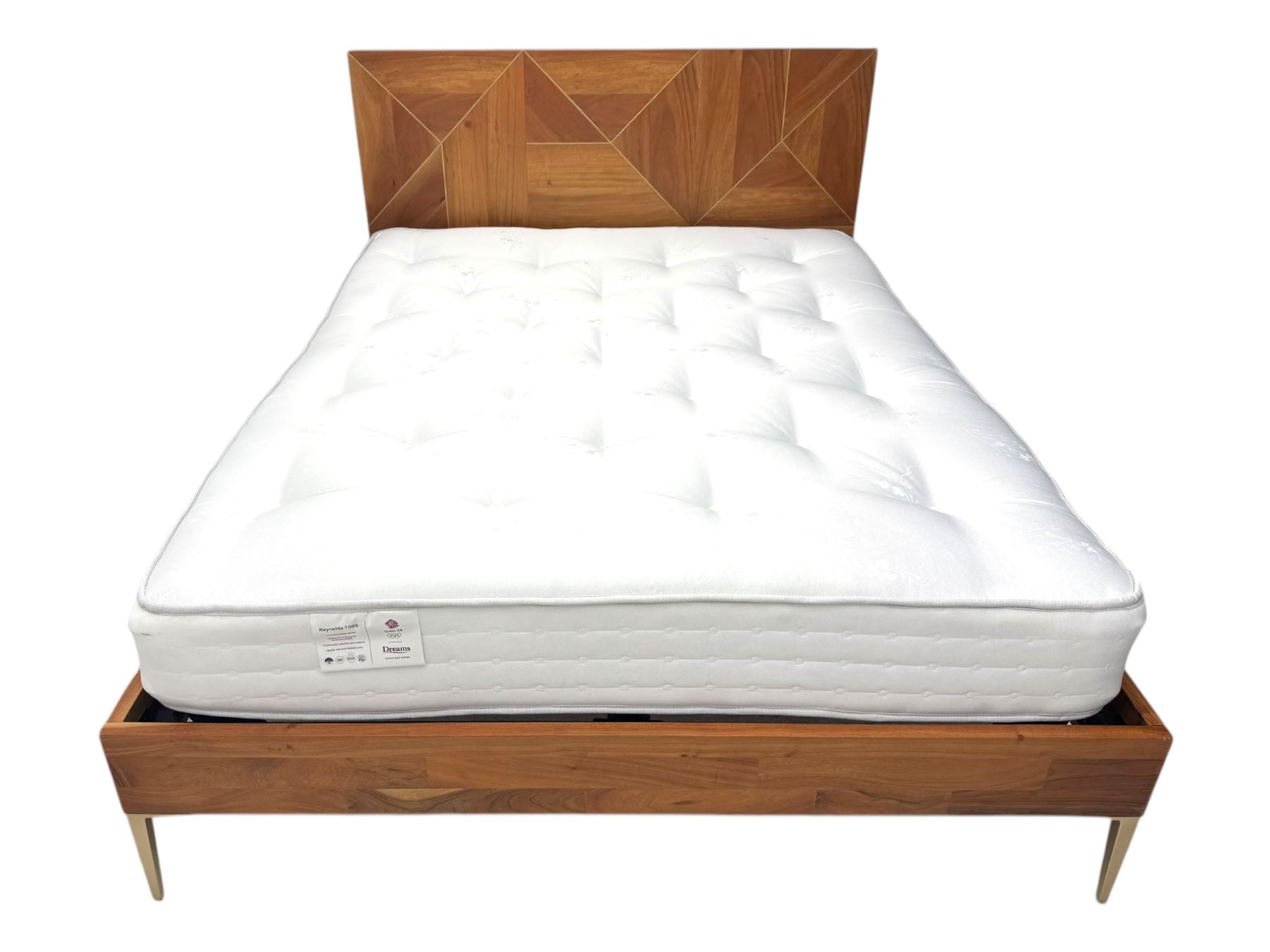 Barker & Stonehouse - contemporary chestnut king size bed frame, with geometric inlaid headboard and brass detailing, slatted base and tapered brass effect legs, together with Dreams ‘Reynolds 1000’ pocket sprung mattress