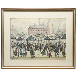Laurence Stephen Lowry RBA RA (Northern British 1887-1976): 'Market Scene in a Northern Town', limited edition print in colours signed in pencil, from the edition of 750, pub. by Patrick Seale Prints 1973, 46cm x 61cm