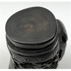 Chinese horn blood collection cup, carved with dragons and key fret border, H9.5cm