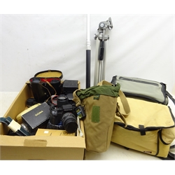   Collection of Cameras and accessories including Olympus and Pentax camera bodies, Miranda 75-200mm lens, Centon mirror lens, other lenses, tripod, camera bags incl. a Billingham bag etc and a pair of Pathescope 16 x 50 binoculars  