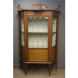  Edwardian inlaid mahogany display cabinet, raised back, shaped front, lead glazing, single door enclosing adjustable shelf, tapering supports, W120cm, H196cm, D37cm  