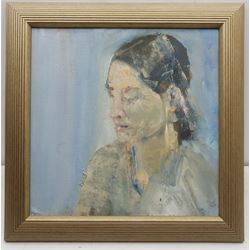 Malcolm Ludvigsen (British 1946-): 'Ivana' Bust Length Portrait, oil on canvas mounted on board signed titled and dated 2004 verso (within the frame) 39cm x 39cm