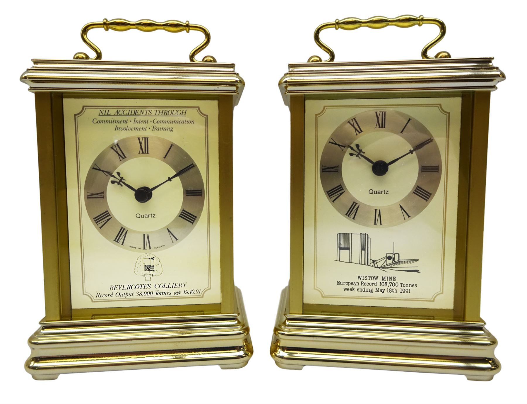 Pair of carriage clocks, commemorating record mining outputs at