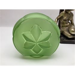 Art Deco style bronzed and gilded spelter figural table lamp with green Uranium glass shade; H48cm, another table lamp; and a bisque group