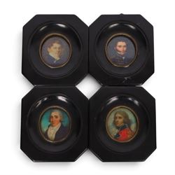 20th century four framed miniatures of gentlemen, in traditional dress, each within a blac...