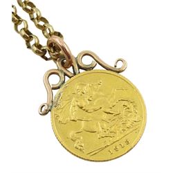 1913 gold half sovereign, with gold soldered mount, on 9ct gold belcher link chain hallmarked, approx 13.85gm