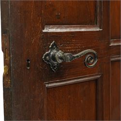Mouseman - 1940s glazed, panelled and adzed vestibule door with castellated frame, with carved mouse signature, by Robert Thompson of Kilburn