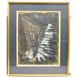 Dorothy Bart (British 20th/21st century): 'Buttercups', limited edition screen print signed titled and numbered 34/55 in pencil 40cm x 50cm; R Macher (20th century): Staircase, limited edition woodblock print indistinctly signed and numbered 17/60, 54cm x 42cm (2)