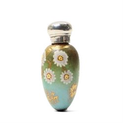 Victorian silver and porcelain scent bottle, painted with flowers on a gilt, blue and gree...