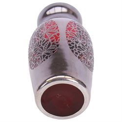 20th century, Jean Beck and Friedrich Deusch, ruby red glass vase, decorated in silver overlay with panels of foliage detail, H15cm