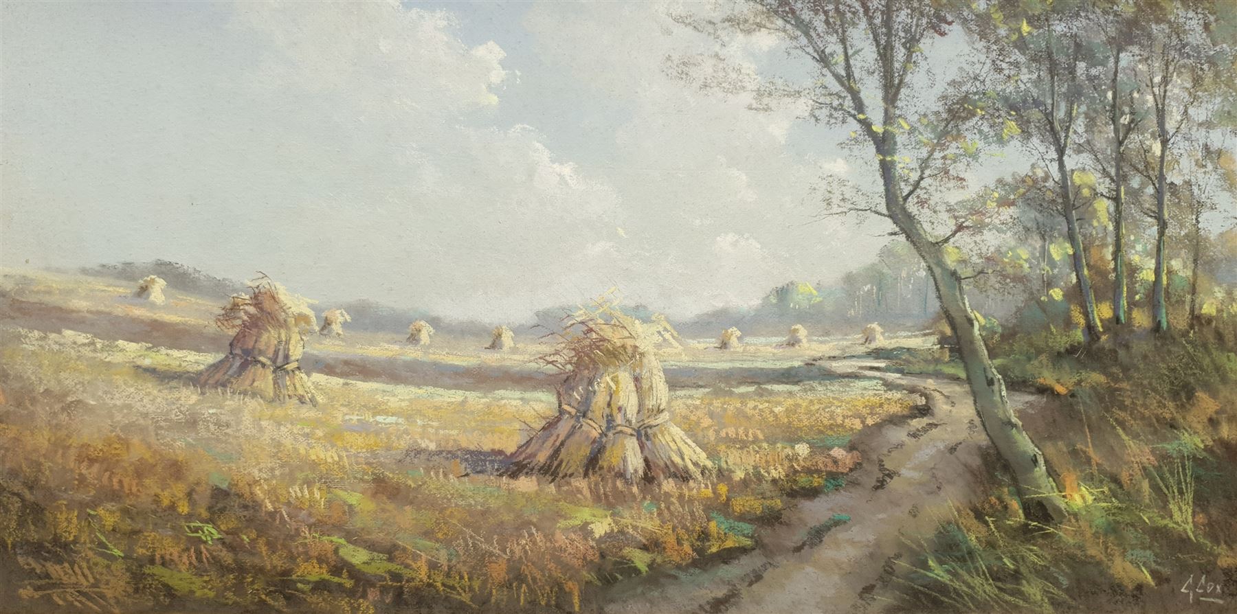 Garstin Cox (British 1892-1933): Corn Stooks by a Woodland Path, pastel signed 43cm x 85cm