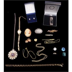 Record 9ct gold ladies manual wind wristwatch, Victorian and later 9ct gold jewellery including cameo earrings, necklace chains and bar brooch, 14ct gold necklace chain, 18ct gold cameo brooch and silver jewellery including pendant necklaces, rings, silver pill box 