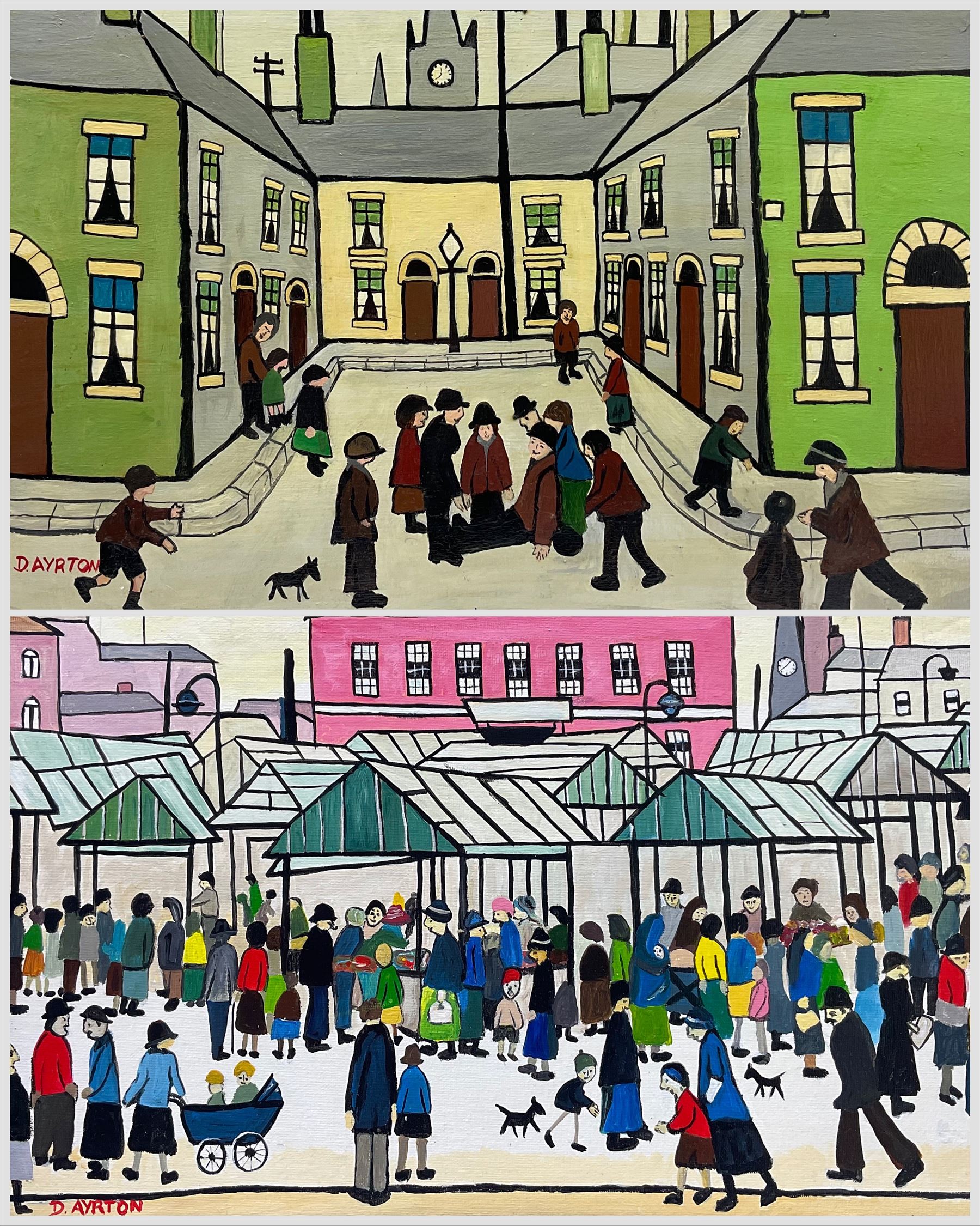 Follower of L S Lowry (Northern British 1887-1976): Busy Street Scenes, pair oil on canvas signed 'D Ayrton' max 40cm x 51cm (2)