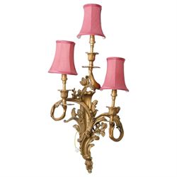 Rococo design gilt metal wall sconce, wired for electricity, with shades, including shade H61cm 
