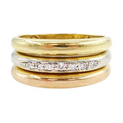 18ct gold diamond three band ring, the middle band channel set with round brilliant cut diamonds