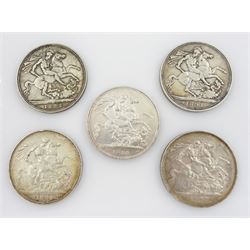 Five Queen Victoria crown coins, dated 1887, 1889, 1890, 1891 and 1892