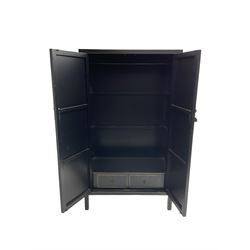 Chinese design black lacquered wardrobe, two cupboard doors enclosing hanging rail and two drawers