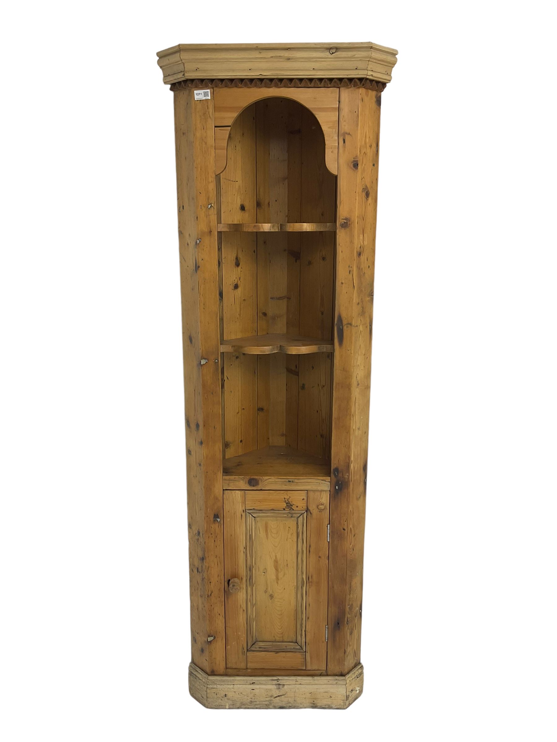 Traditional rustic pine corner unit, fitted with two open shelves over single cupboard