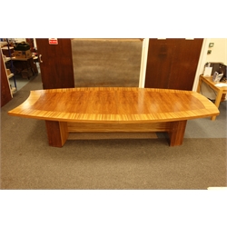  Large walnut and zebra wood boardroom conference table, on contemporary curved end supports, 153cm x 350cm, H73cm  
