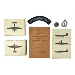 WW2 Royal Observer Corps - approximately one-hundred and seventy aircraft recognition cards; 1938 Instruction Booklet; cap badge and lapel badge; and cloth shoulder title