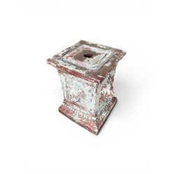 Early 20th century terracotta pedestal, square form with egg and dart detail, four lions masks to either side, finished in distressed cream paint