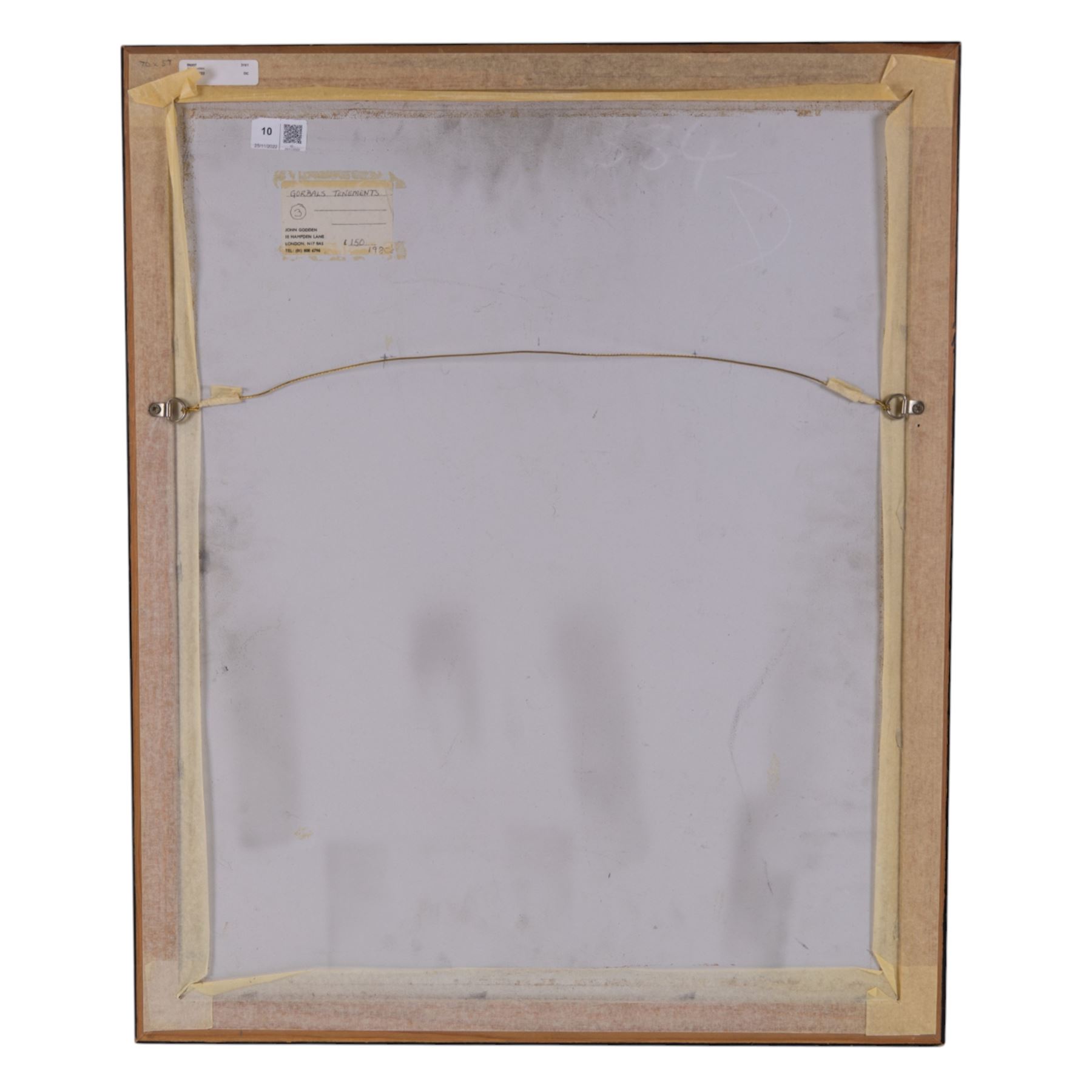 John Seymour Godden (British 1930-1999): 'Gorbals Tenements' Glasgow, oil on board signed, titled verso on artist's studio label 62cm x 50cm