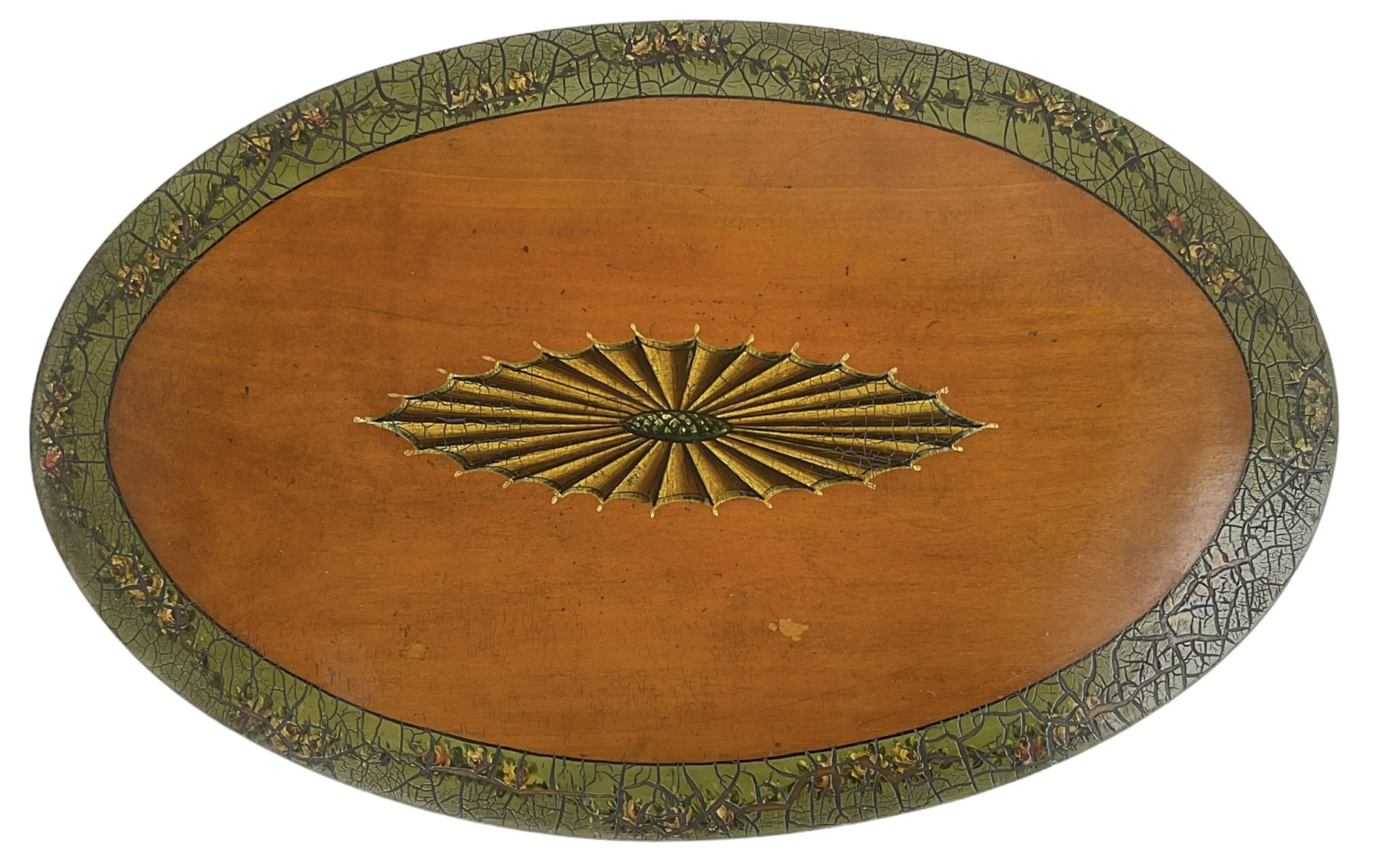 Edwardian satinwood side table, oval top hand painted with central fan motif and trailing flower heads, on square tapering supports terminating to out-splayed feet, united by moulded undertier 