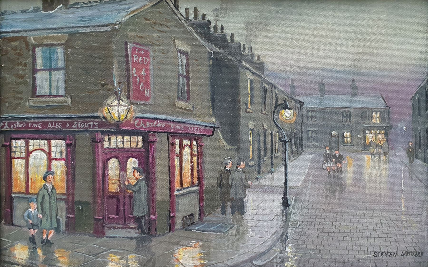 Steven Scholes (Northern British 1952-): 'The Red Lion Pub - North Manchester 1962', oil on canvas signed, titled verso 20cm x 30cm