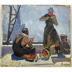Viktor Fedorovich Vasin (Russian 1919-1997): Sailor and Young Lady Looking out to Sea and Workers Eating Watermelon, double-sided oil on board signed 46cm x 52cm (unframed)