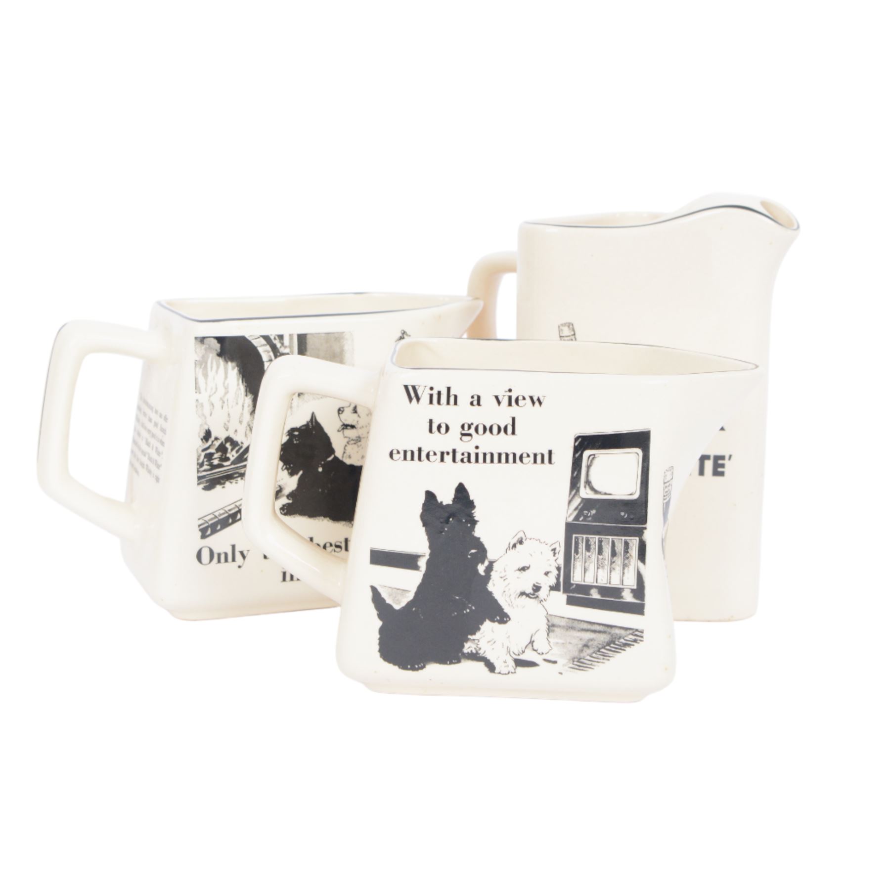 Eight Black and White Scotch Whisky advertising jugs