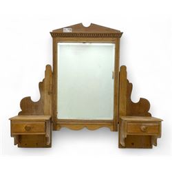 Early 20th century pine wall mirror, rectangular mirror plate surmounted by pointed pedime...