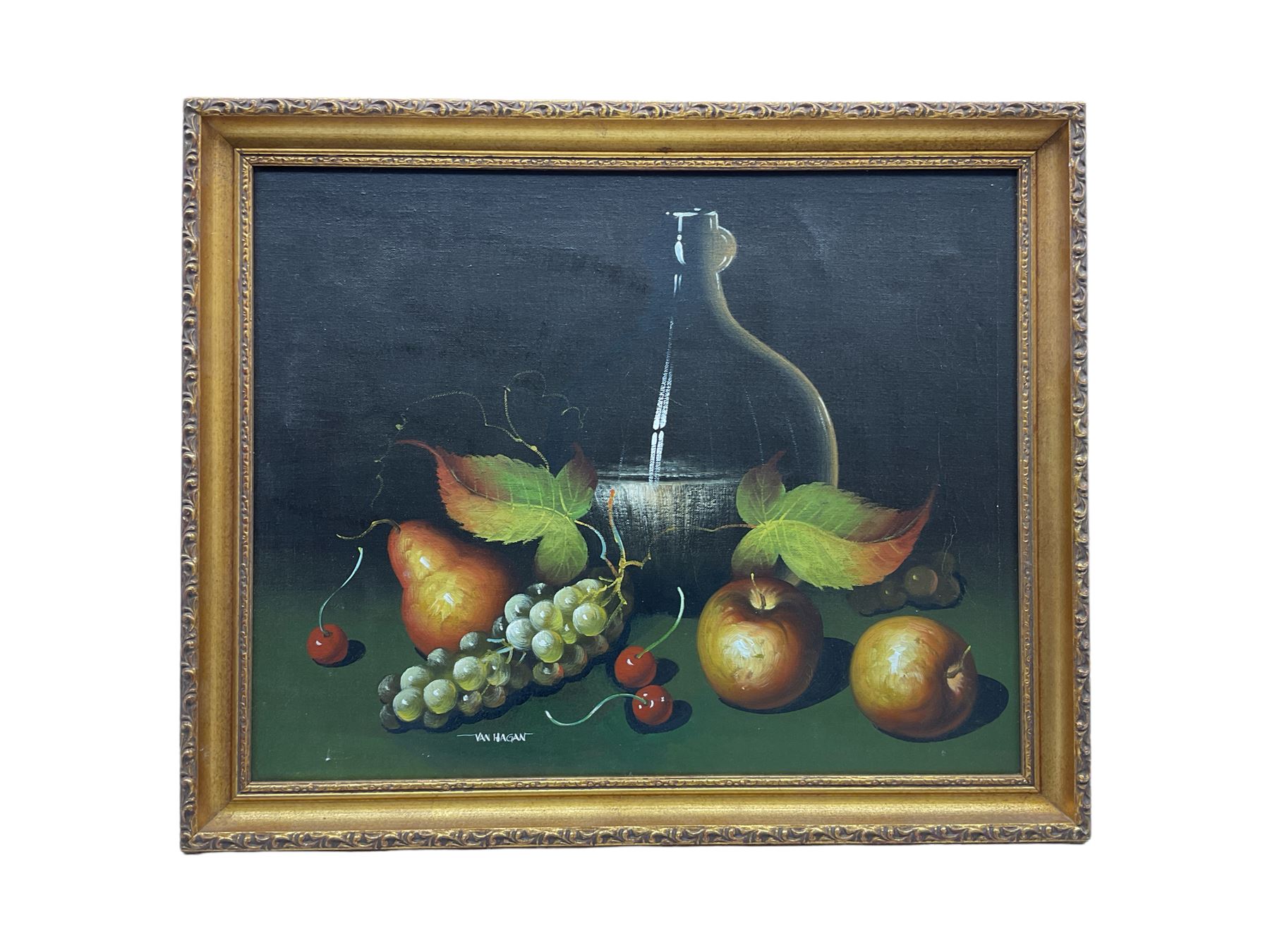 Van Hagan (British 20th century): Still Life of Fruit and Vase, oil on canvas signed 39cm x 50cm