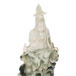 Chinese carved hardstone figure of Guanyin on wooden base, H31cm