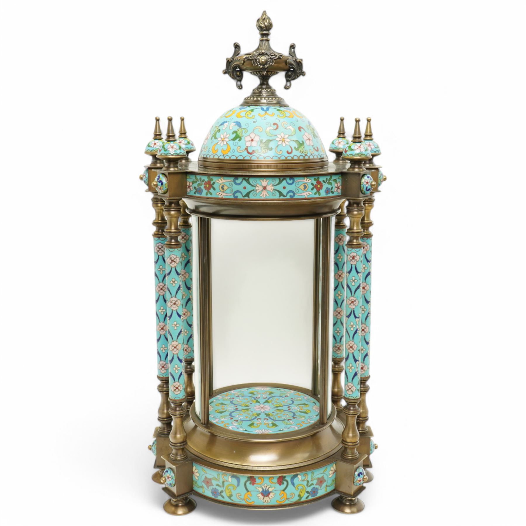 20th century Chinese cloisonne style portico display stand with urn mounted domed top and glass side panels H65cm