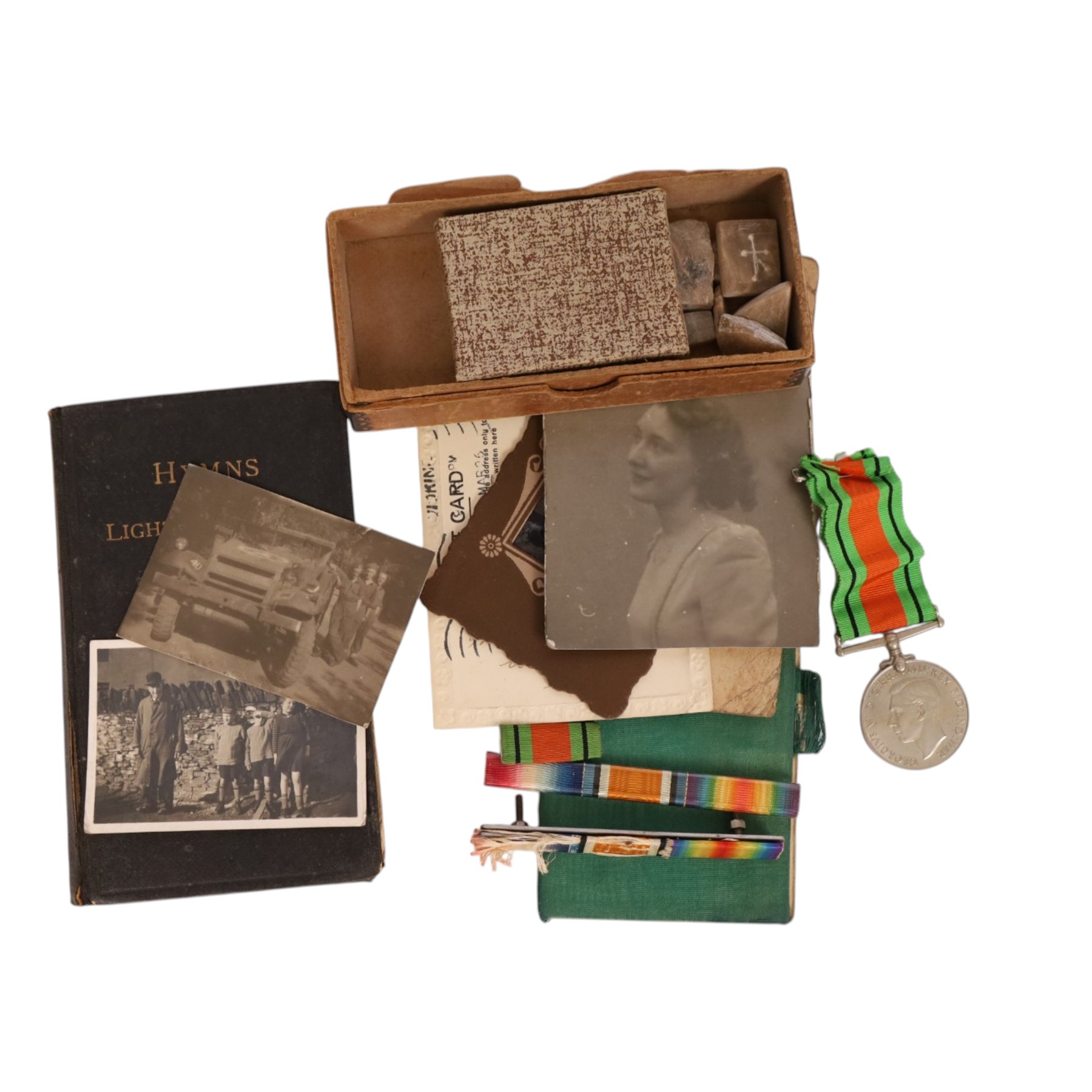 WWI British trio medal set, comprising 1945-15 Star, War medal and Victory medal, awarded to 14188 Pte J T Brunt Ches R, together with medal bar and ephemera relating to  Private John Thomas Brunt, including documentation for military service, gas injury at Ypres, postcards etc 