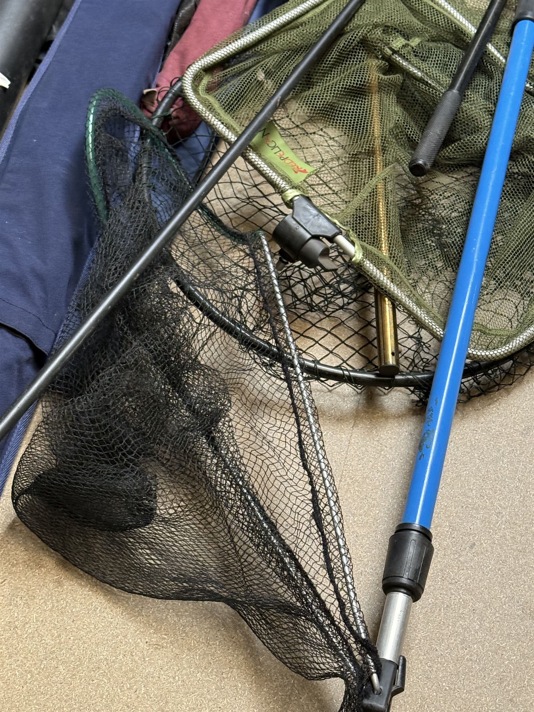 Collection of fishing rods and nets, including Alex Martin Scotia salmon rod, Shakespeare 1650, Allcocks Lucky Strike split cane rod and Chevron Pike 11ft, etc