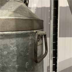 Pair of aluminium vintage milk churns and metal scale - THIS LOT IS TO BE COLLECTED BY APPOINTMENT FROM DUGGLEBY STORAGE, GREAT HILL, EASTFIELD, SCARBOROUGH, YO11 3TX
