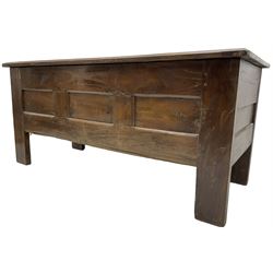 Large 18th century oak coffer or chest, rectangular hinged top with moulded edge, over panelled sides with moulded rails, raised on stile supports
