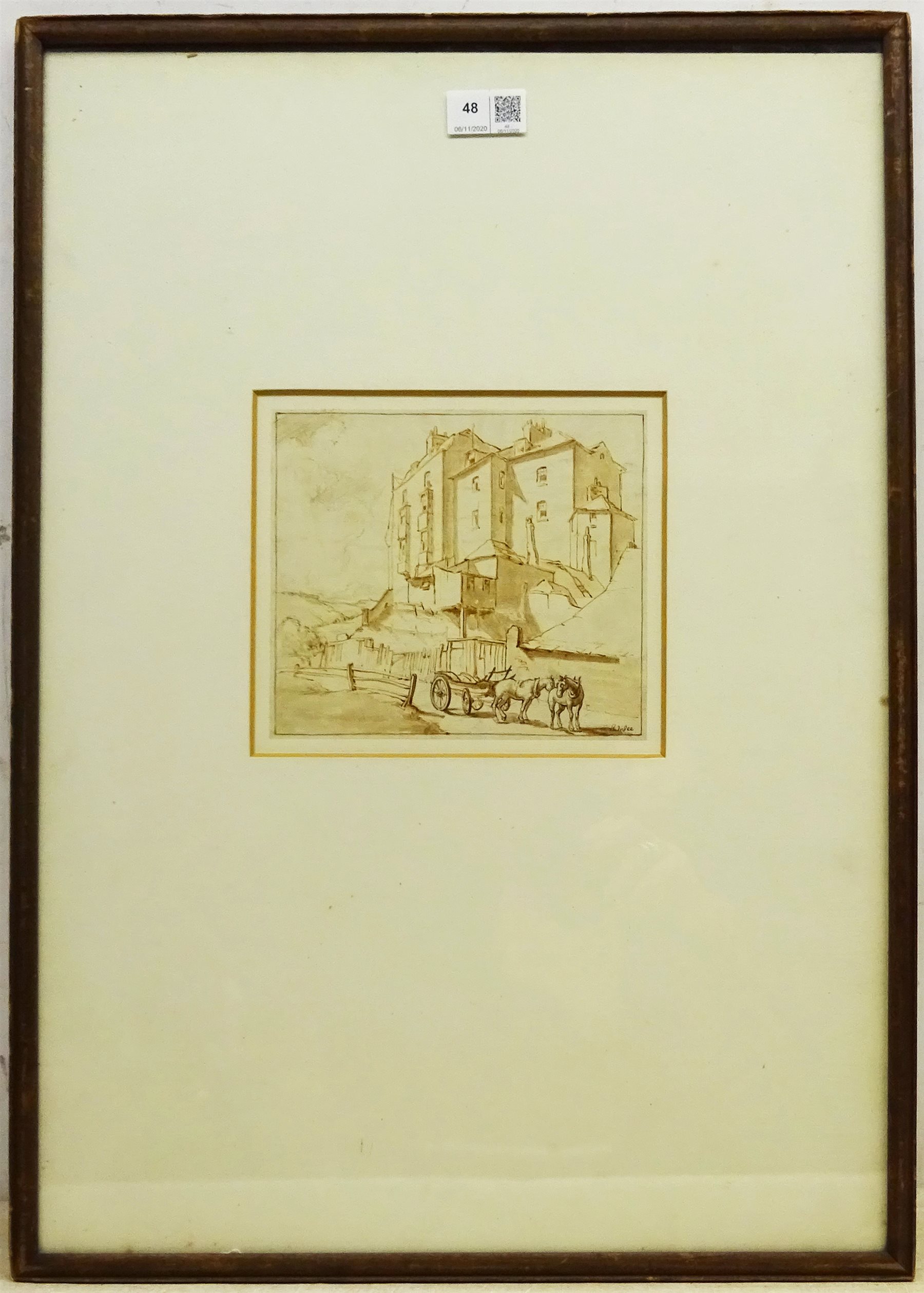 R J Wee (Sottish 19th century): Study of Town Houses, monochrome wash indistinctly signed 16cm x 18cm
Provenance: with Aitken Dott Edinburgh, exhibition label verso