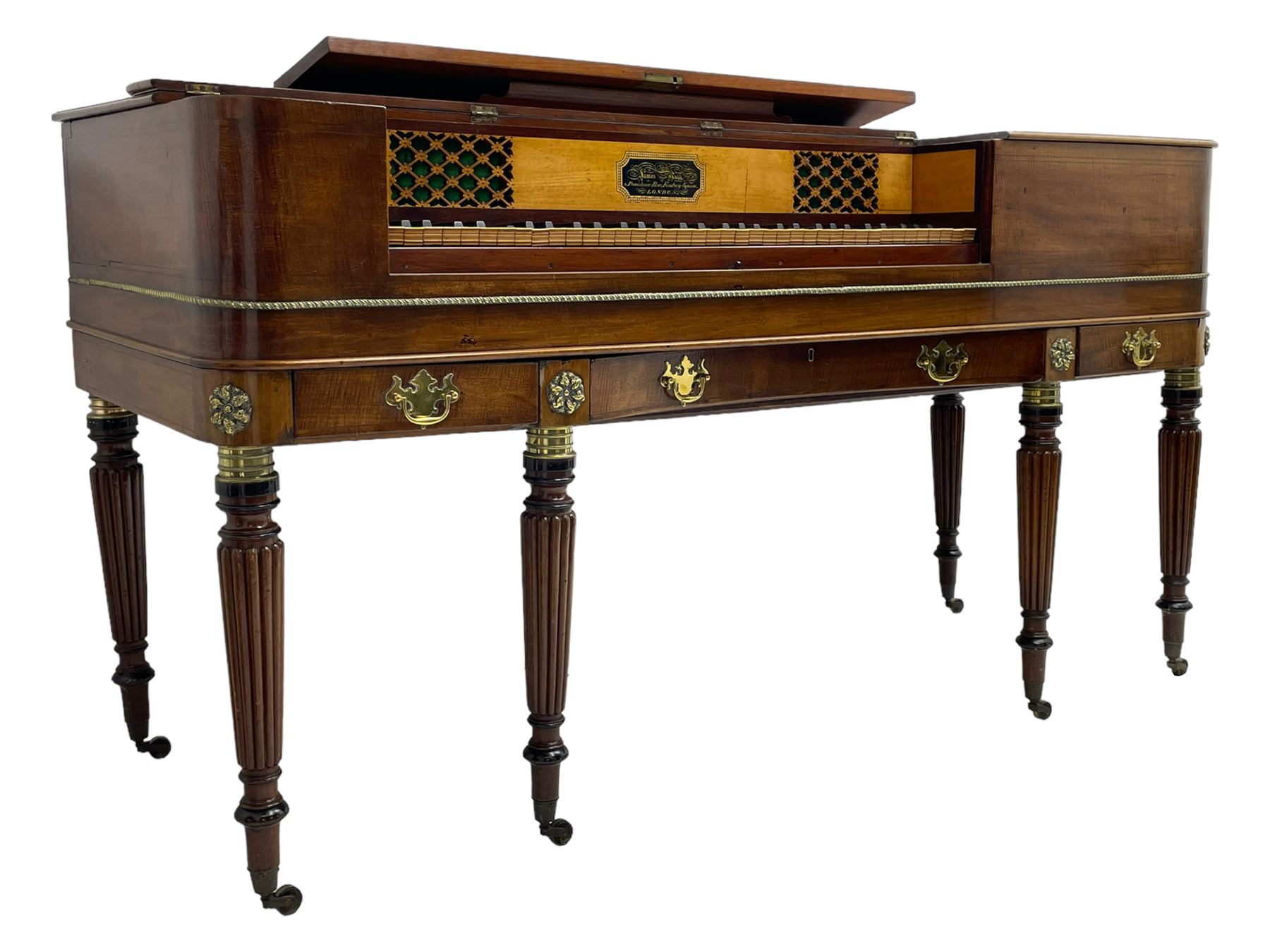 James Rigg, London -early 19th century mahogany and maple square piano c1817, with a 68 key compass (A-C) original hammers, jacks and felt, satinwood interior with ebony and ivory keys, the fretwork interior back inscribed 'James Rigg, 3 Providence Row, Finsbury Square, London', decorated with twist gilt metal edging, fitted with three drawers, on Gillows design turned and reeded supports with brass cups and castors.

This item has been registered for sale under Section 10 of the APHA Ivory Act