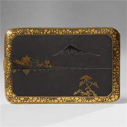 Japanese Meiji Damascene cigarette case, the exterior decorated with the procession of a feudal lord, W12cm 