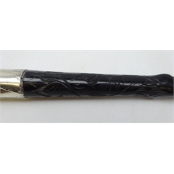  Late Victorian antler handled walking stick, carved ebony shaft with three blackthorn style moulded bands and silver collar in the form of a buckle, Birmingham, 1896, L90cm   