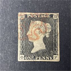 Two Great Britain Queen Victoria penny black stamps, both with red MX cancels