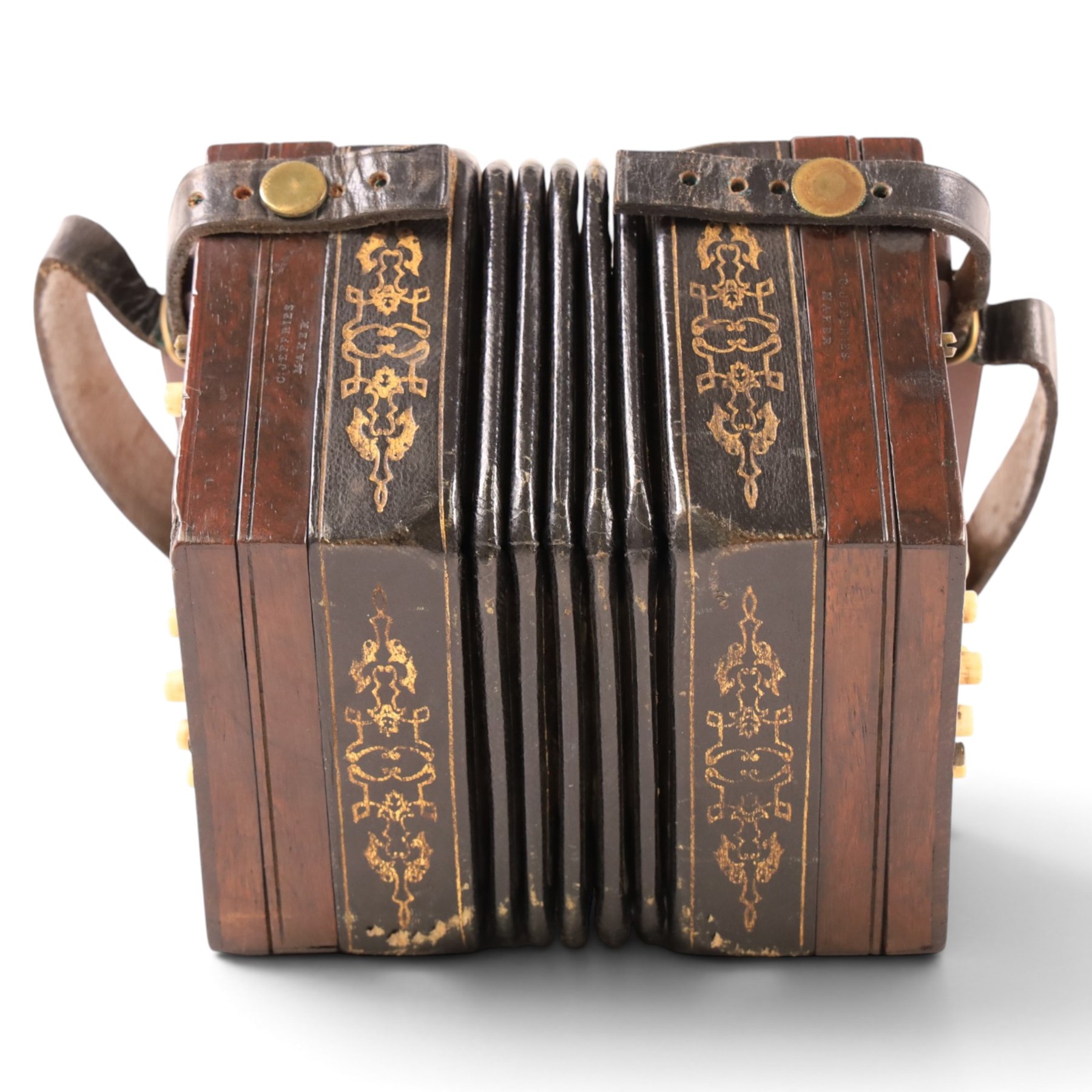 Late 19th century Anglo three-row concertina by C. Jefferies, twenty-six bone buttons, circa 1880, stamped 'C Jefferies Maker', in modern custom made carry case
