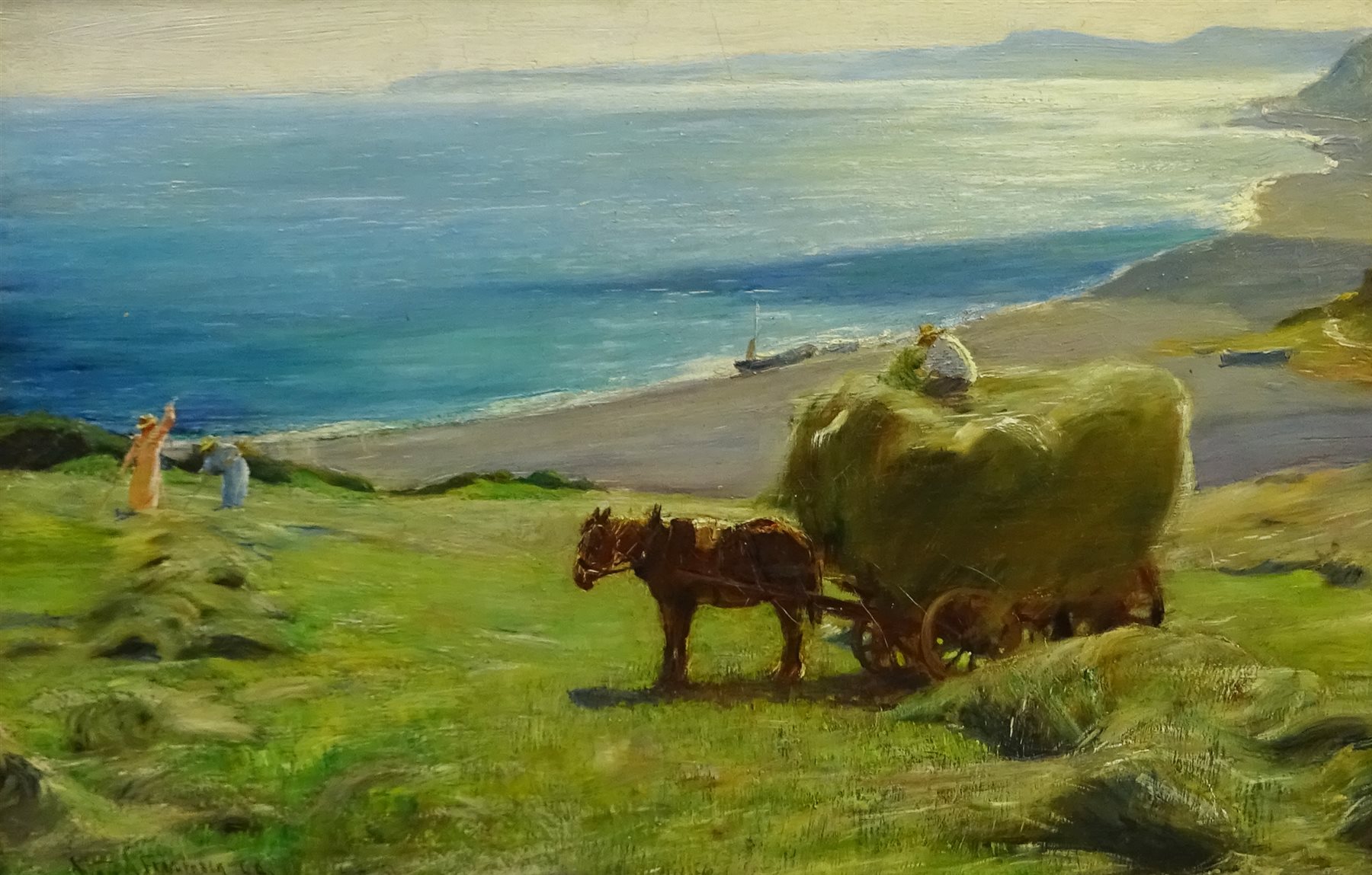 Arthur A Friedenson (Staithes Group 1872-1955): Haymaking above Runswick Bay, oil on canvas signed and dated '94, 30cm x 46cm

