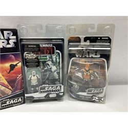 Star Wars - The Saga Collection - Mace Windu's Jedi Starfighter; boxed; and twelve carded figures comprising Biker Scout, General Grievous, At-At Driver, Clone Trooper Sergeant, various other Clone Troopers and Commander Cody, Snowtrooper and Scorch Republic Commander; all in unopened blister packs (13)